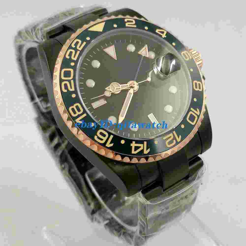 40mm sterile black PVD GMT automatic sapphire watch date gift mens wristwatch