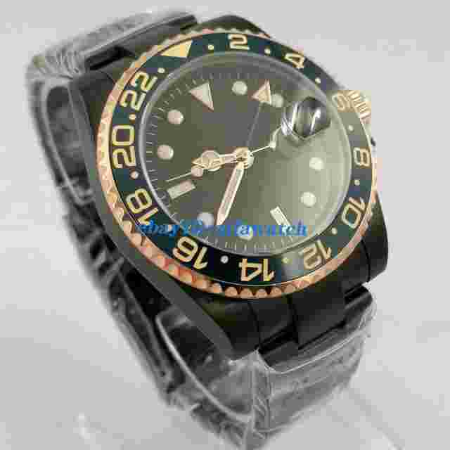 40mm sterile black PVD GMT automatic sapphire watch date gift mens wristwatch