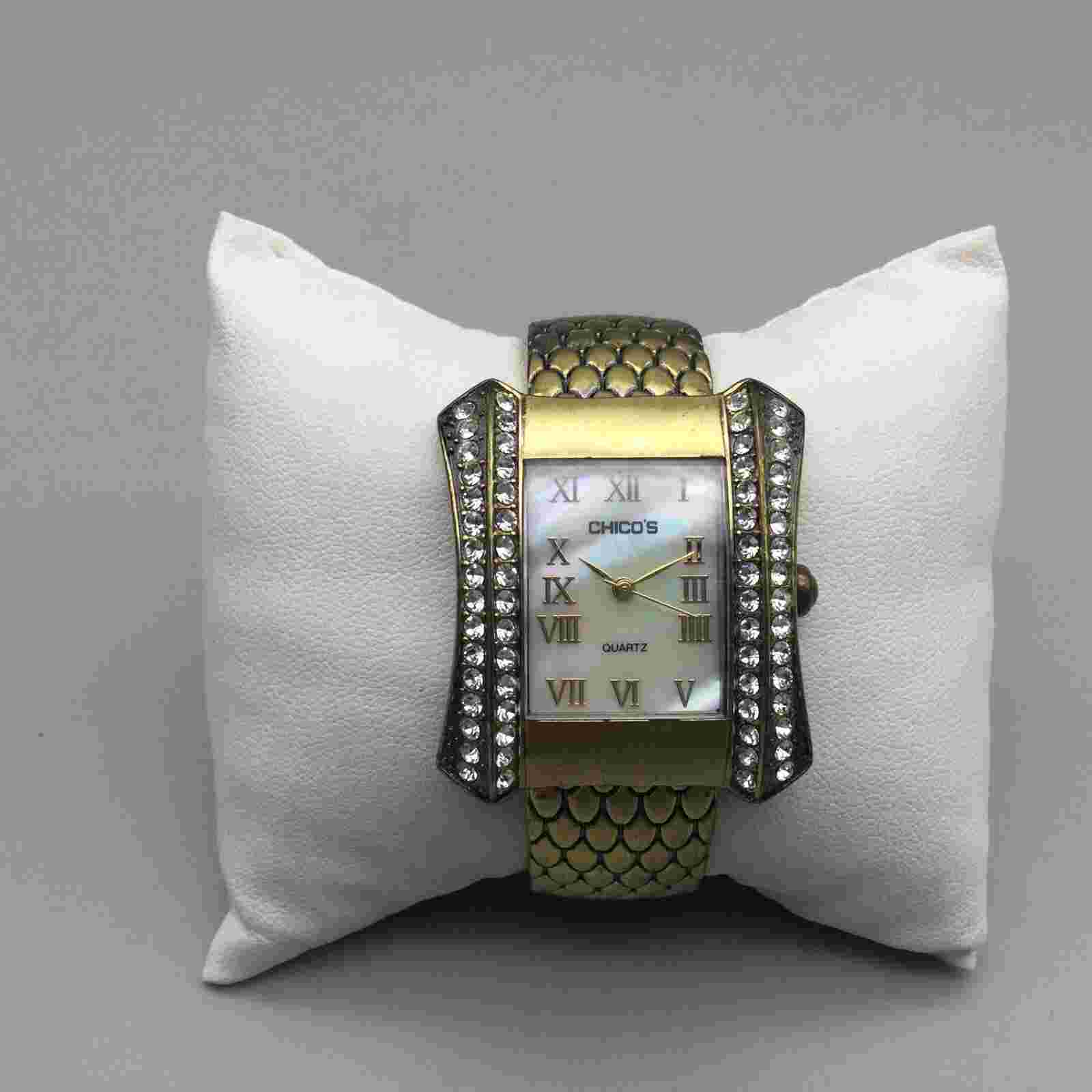 Chicos Watch Women 28mm Silver Tone Bling MOP Dial Cuff Bangle Band New Battery