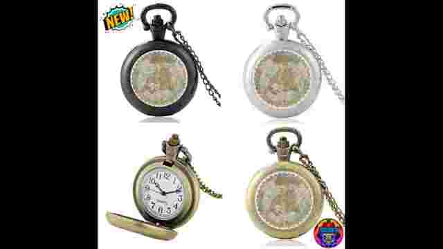 Vintage Flat Earth Pocket Watch World Map CIock Pendant Necklace Unisex Realm HQ