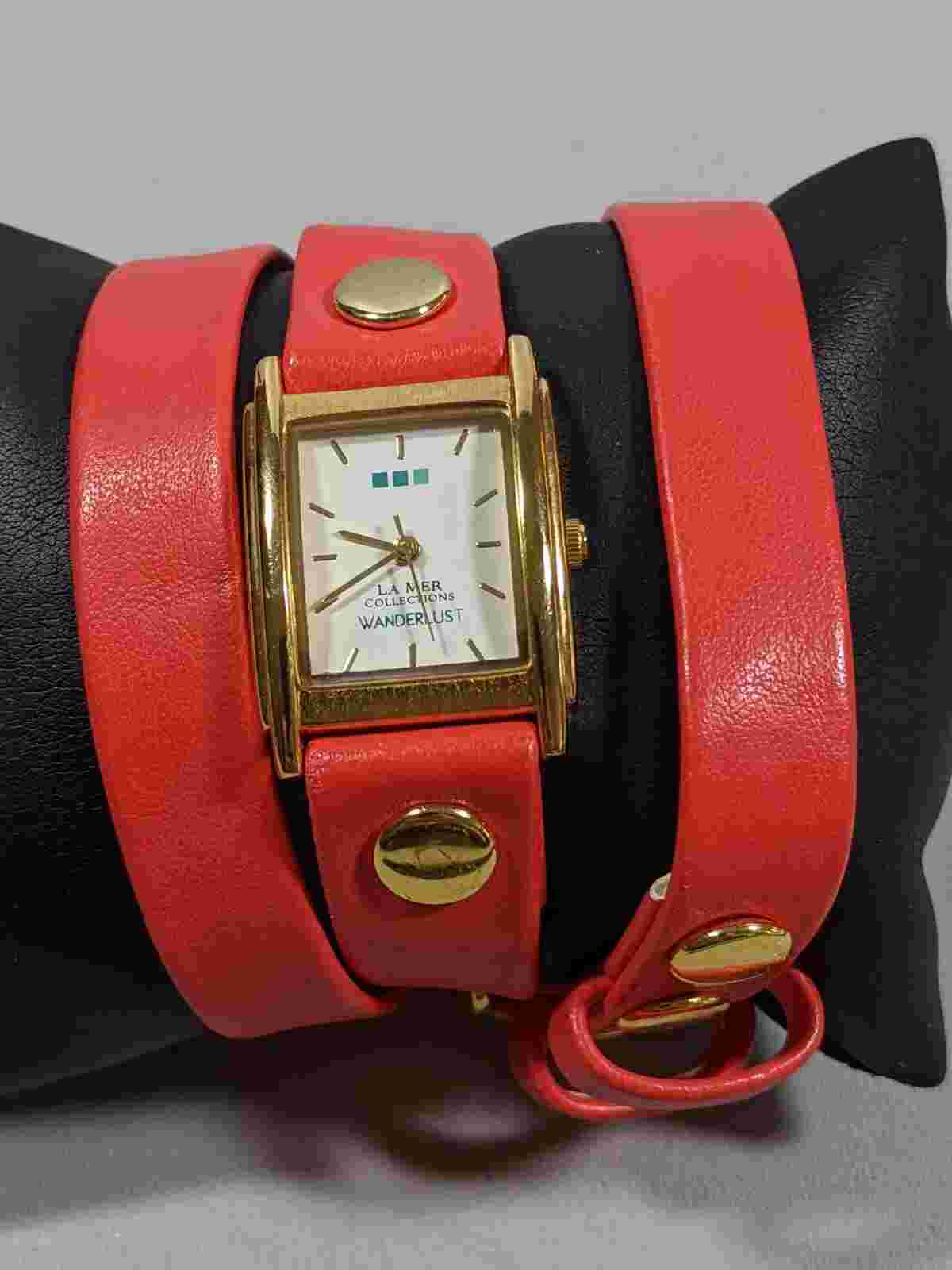 Wanderlust by La Mer Collections White Dial Gold Tone Case Red Wrap Band Watch