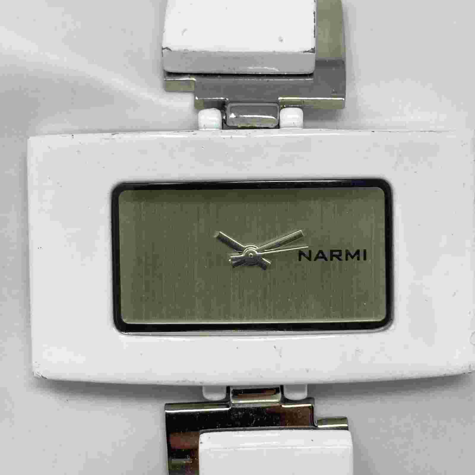 Narmi Watch Women 42mm Silver Tone White Rectangle Retro Mod New Battery 6.5"