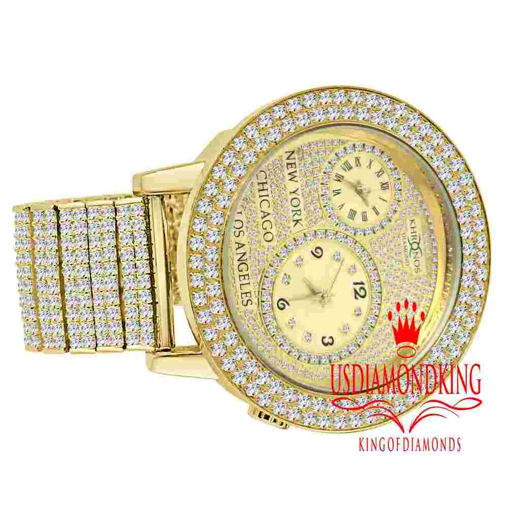 2 Tome Zone Khronos Watch Mens Gold Tone Lab Diamond Custom Band & 2 Row Bezel