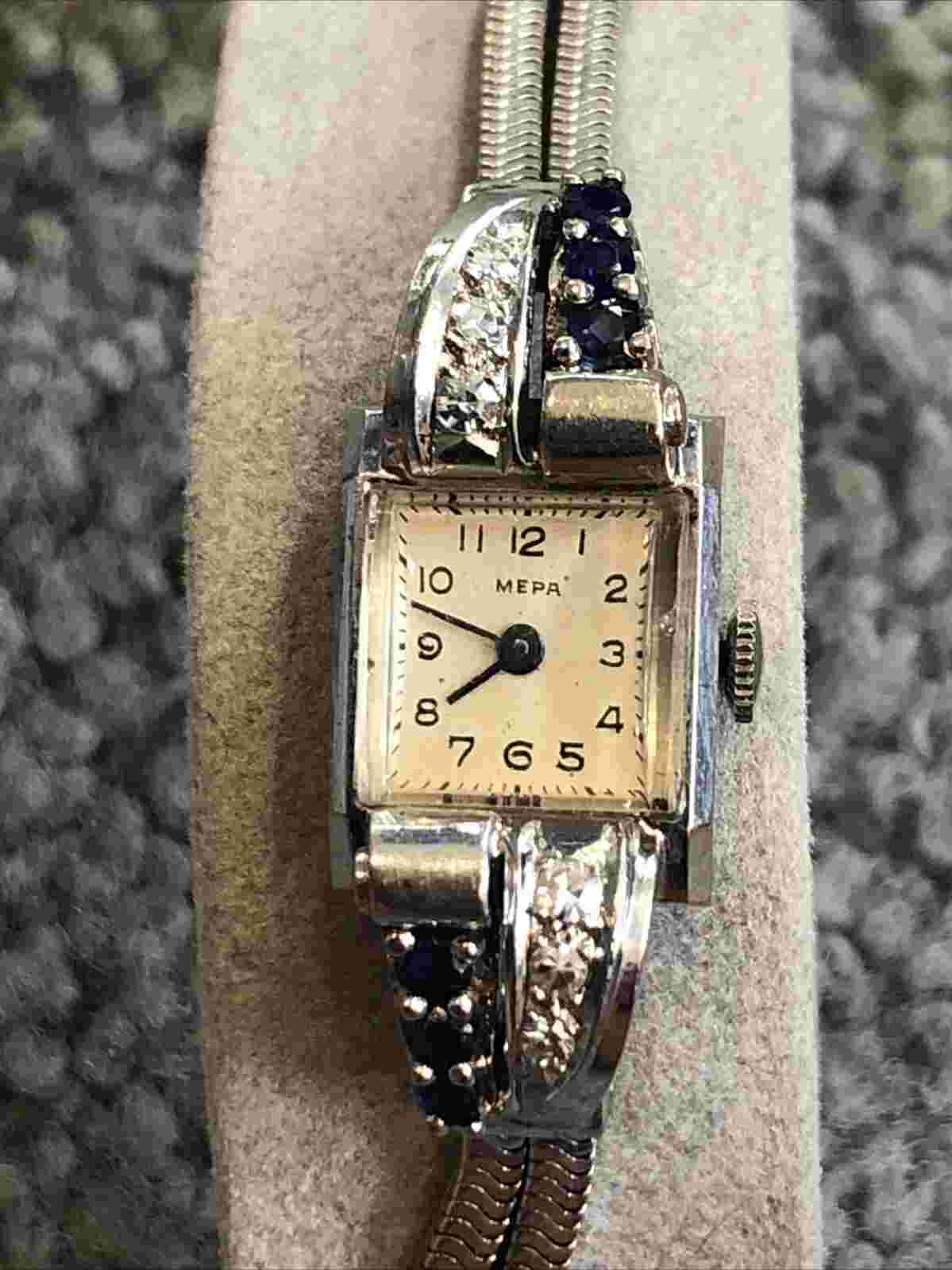 Mepa Vintage Womens 14k White Gold Diamond Sapphire Watch (25 Grams)