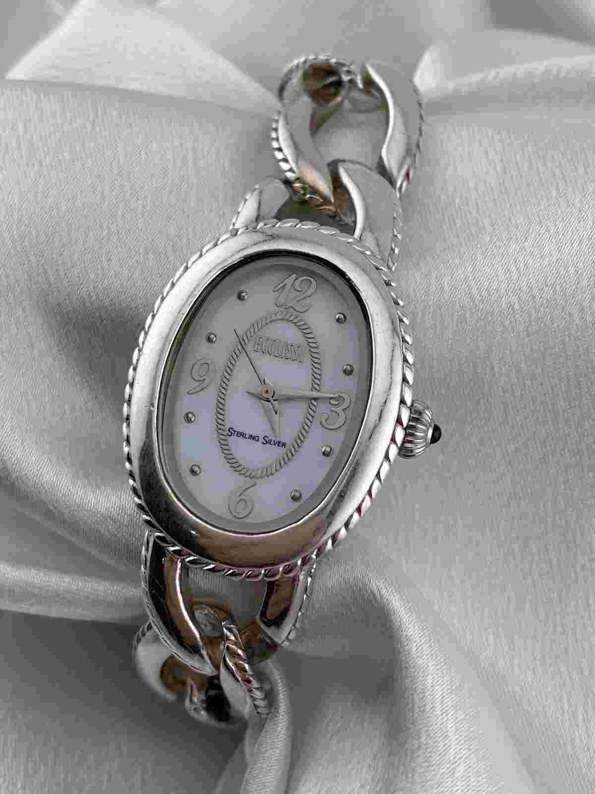 Ecclissi Sterling Silver Mother Of Pearl Oval Bezel Figaro Link Wrist Watch