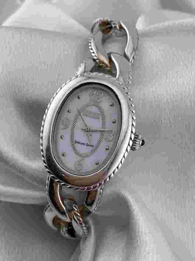 Ecclissi Sterling Silver Mother Of Pearl Oval Bezel Figaro Link Wrist Watch