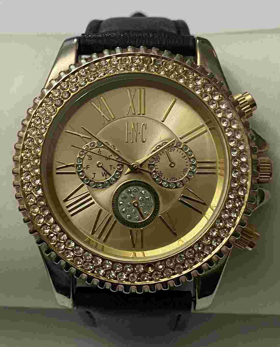 Women's INC Watch Analog with White Crystals and White Leather Watch Band