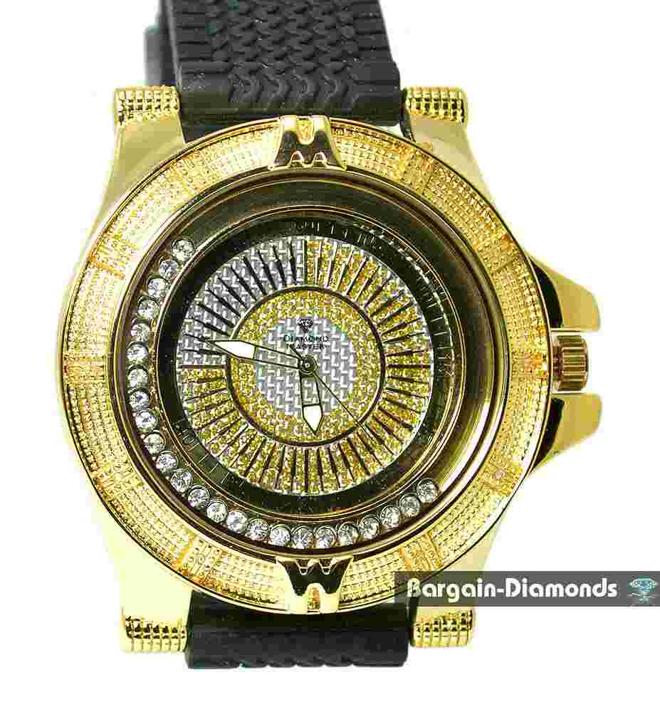 Mens Big Natural Diamond Gold tone Clubbing Watch CZ Race Gold Dial Sport Strap