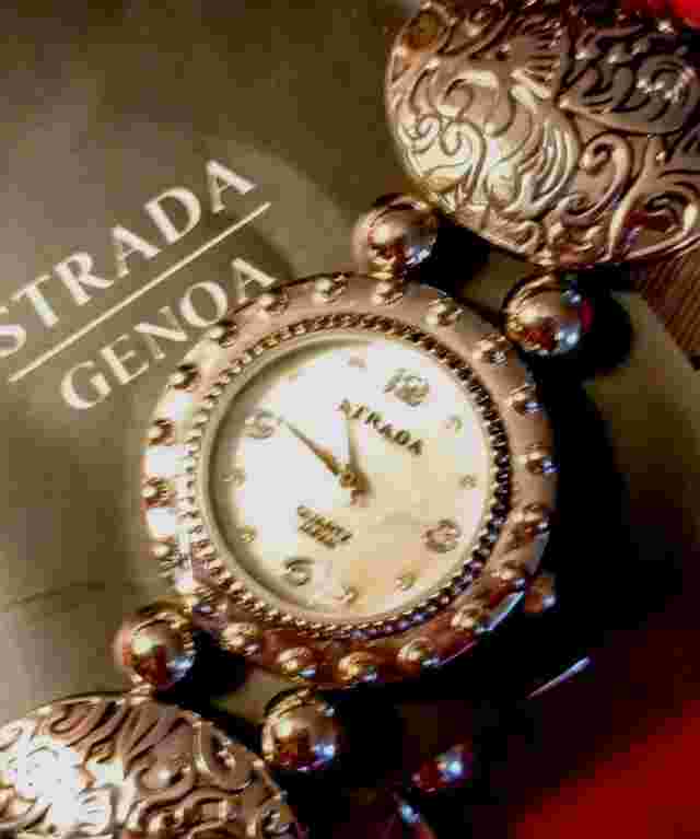 STRADA WATCH/BRACELET, Mother of Pearl Face, Floral Medallion Band, New Battery