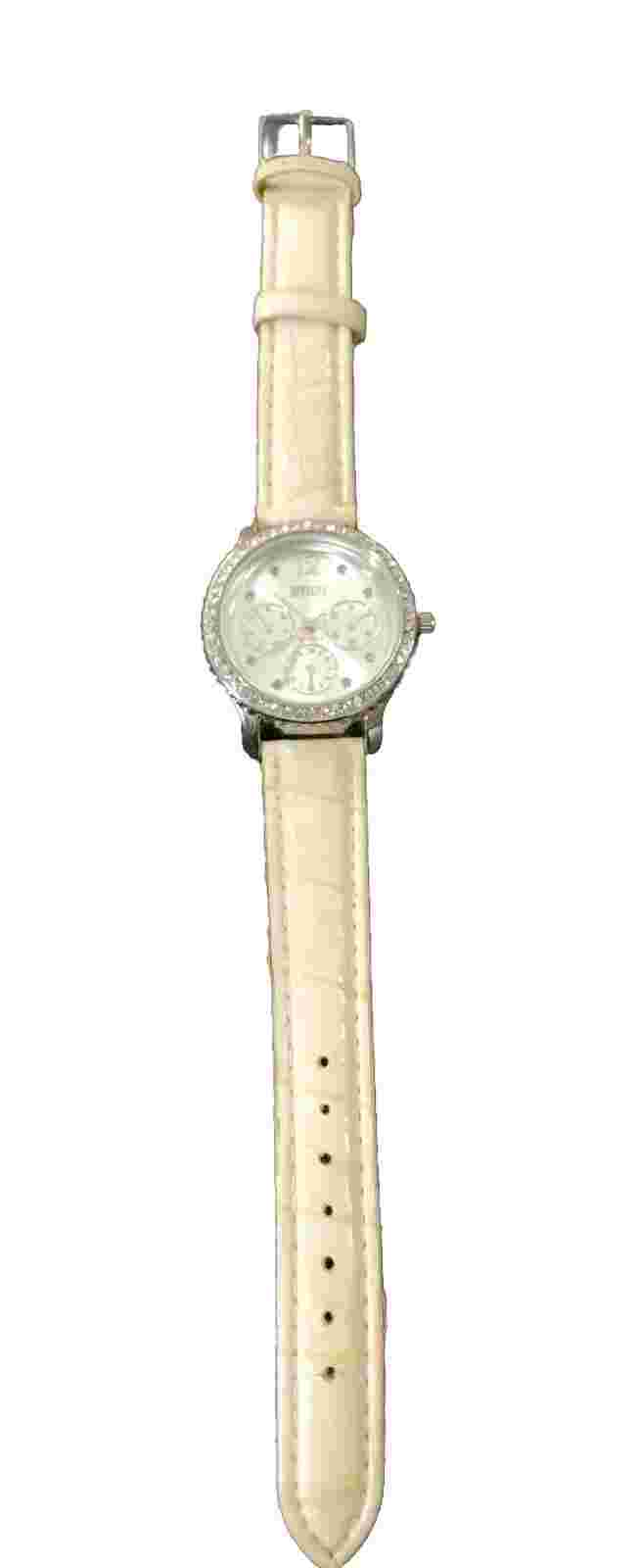 Vintage Cote d' Azur Watch White Wrist Band & Silver Tone Face W/ Bling #working