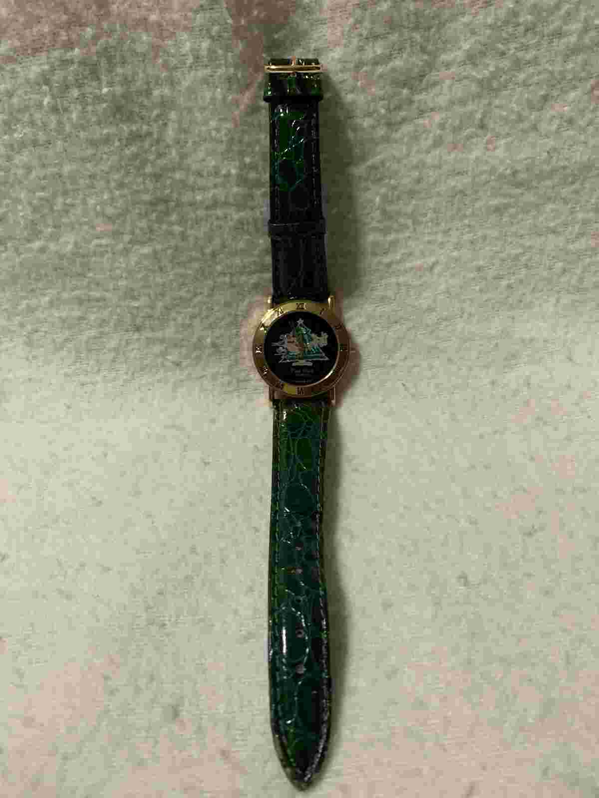 Pierre Nicol Christmas Anniversary watch gift, Green Watch Strap Gold Tone Case