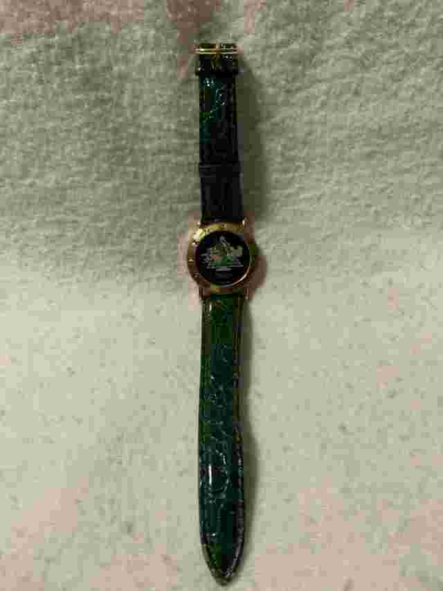 Pierre Nicol Christmas Anniversary watch gift, Green Watch Strap Gold Tone Case