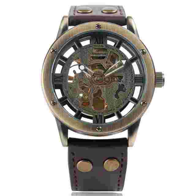 SHENHUA Steampunk Men's Wristwatch Automatic Mechanical Watch Brown Leather