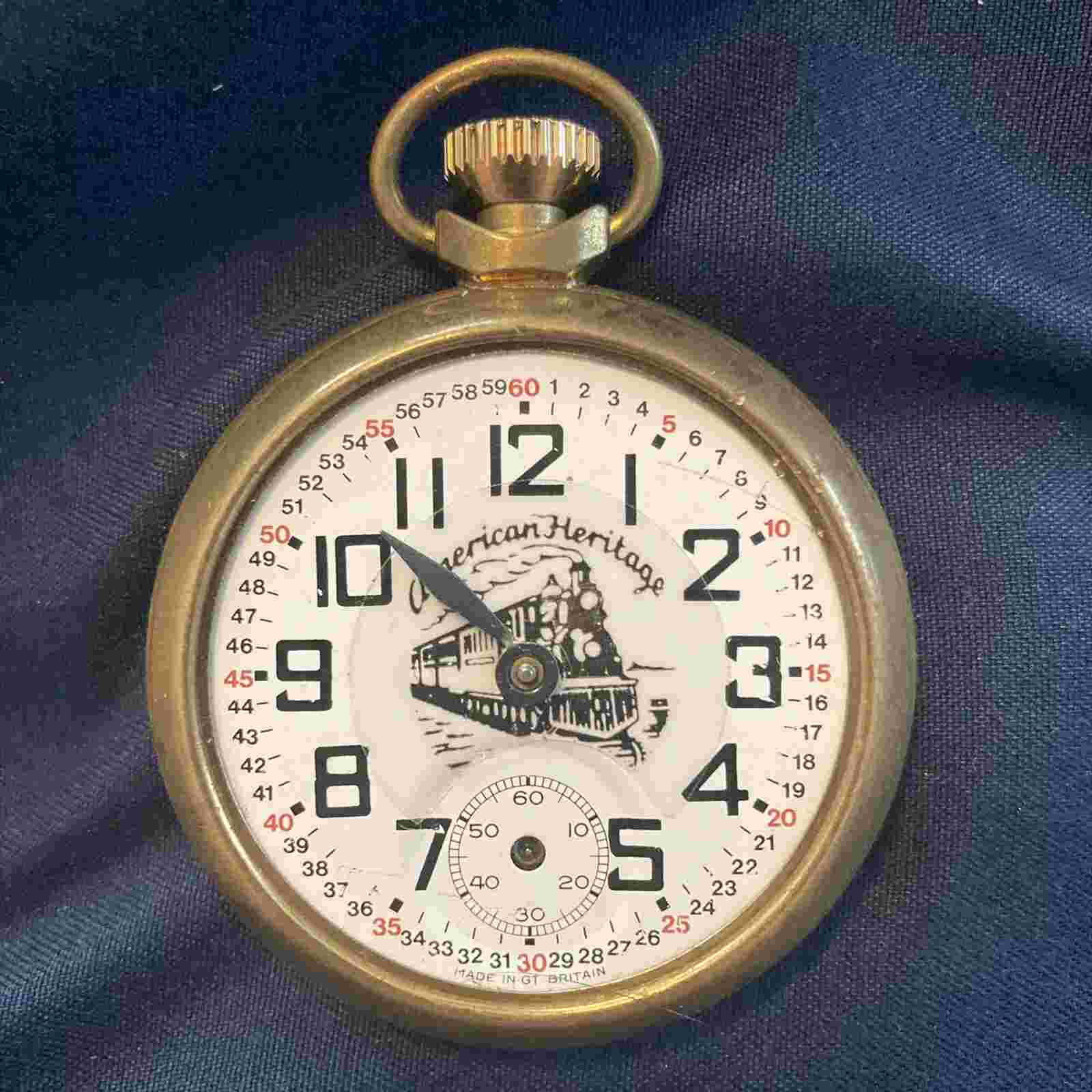 Vintage American Heritage Railroad Train Pocket Watch Made In GT Britain PARTS**