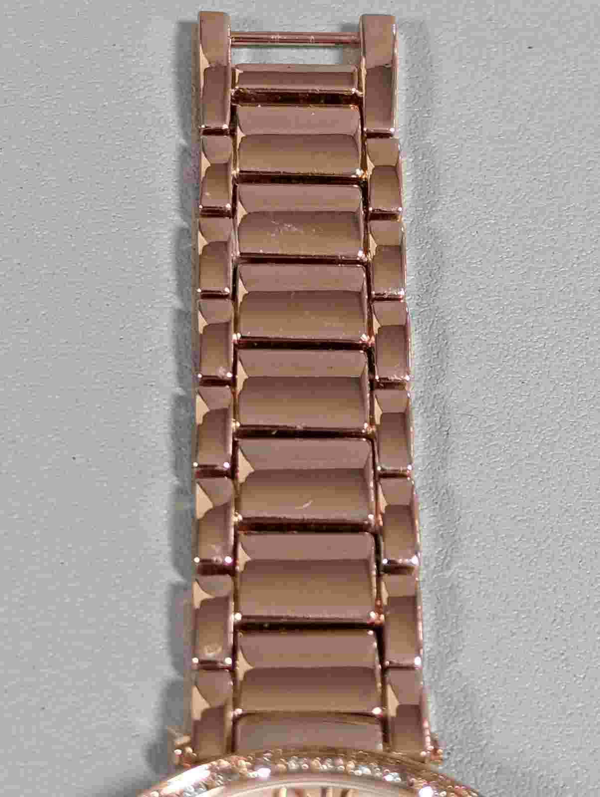 Catherine Malandrino Pearlized Dial Crystal Accent Rose Gold Tone Case Watch