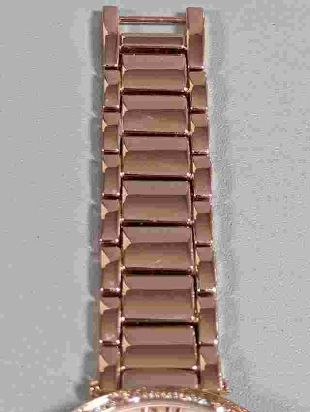 Catherine Malandrino Pearlized Dial Crystal Accent Rose Gold Tone Case Watch