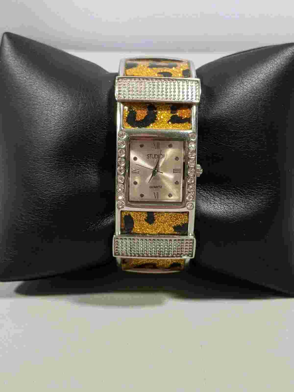 Studio Silver Tone Square Case  Animal Print Enamel Inlay Hinge Bracelet Watch