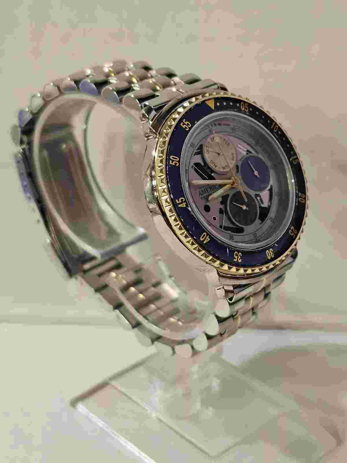 America By Perry Ellis Mens Multifunction Watch Silver/gold Tone Blue Bezel