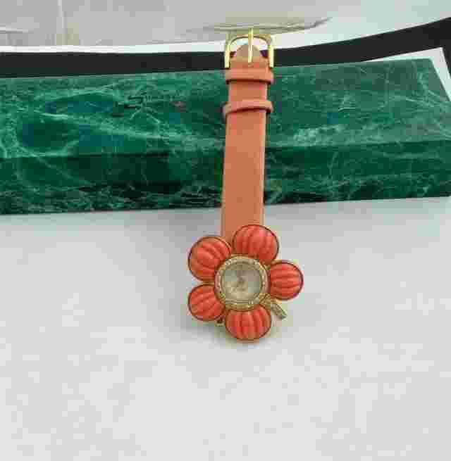 Suzanne Somers Coral Color Flower Crystal Accents Leather Band Watch - new