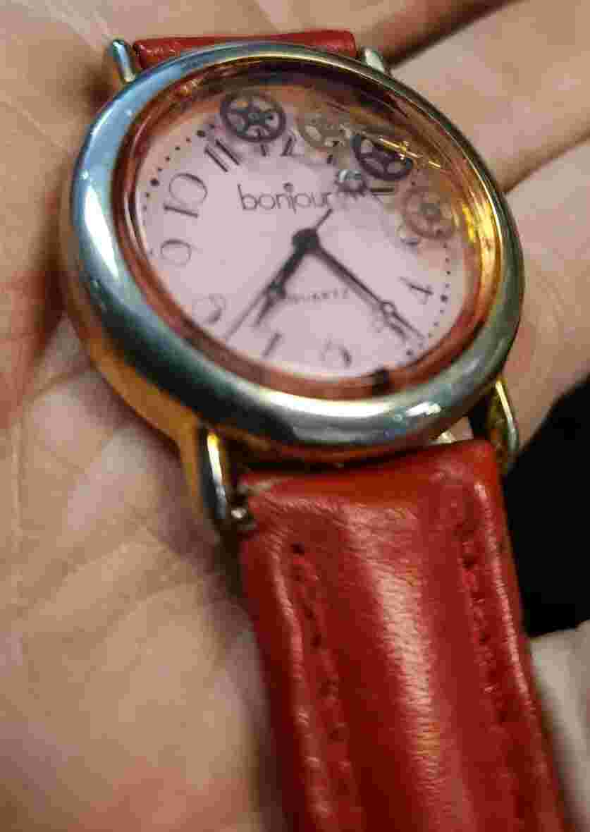 Vintage Bonjour Watch  Steam Punk Look Gears Red Strap Pink Face