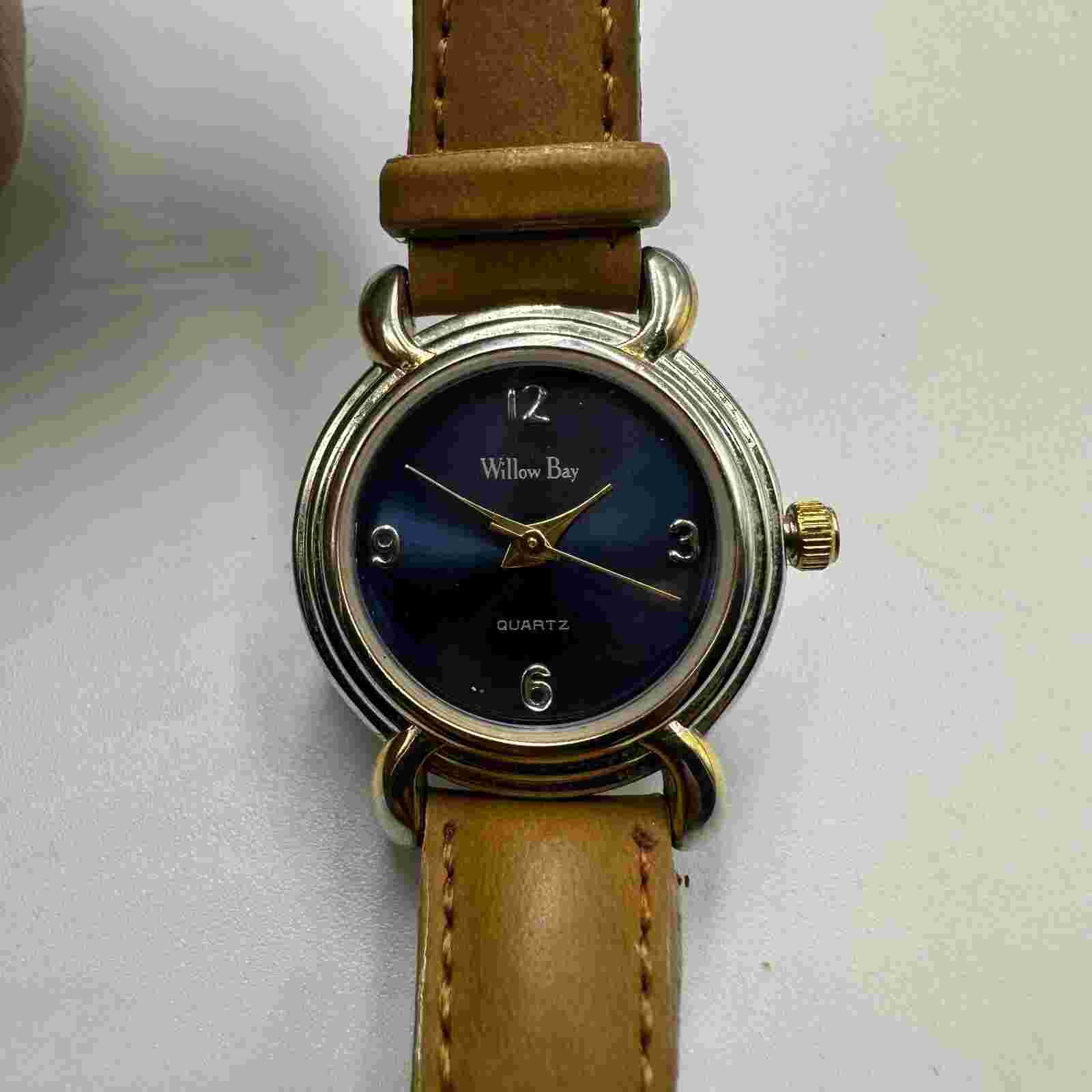 Willow Bay Watch Women Silver Tone Blue Dial Brown Faux Leather Band New Battery