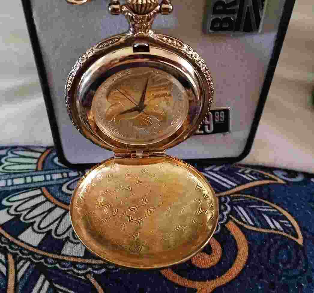 Brittania Gold Tone Pocket Watch Walking Liberty/Standing Eagle Coin