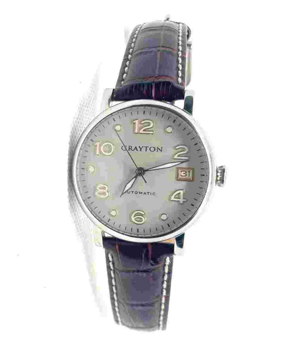 NEW GRAYTON AUTOMATIC BROWN CROCODILE LEATHER SILVER CLASSIC LADIES WATCH 36MM