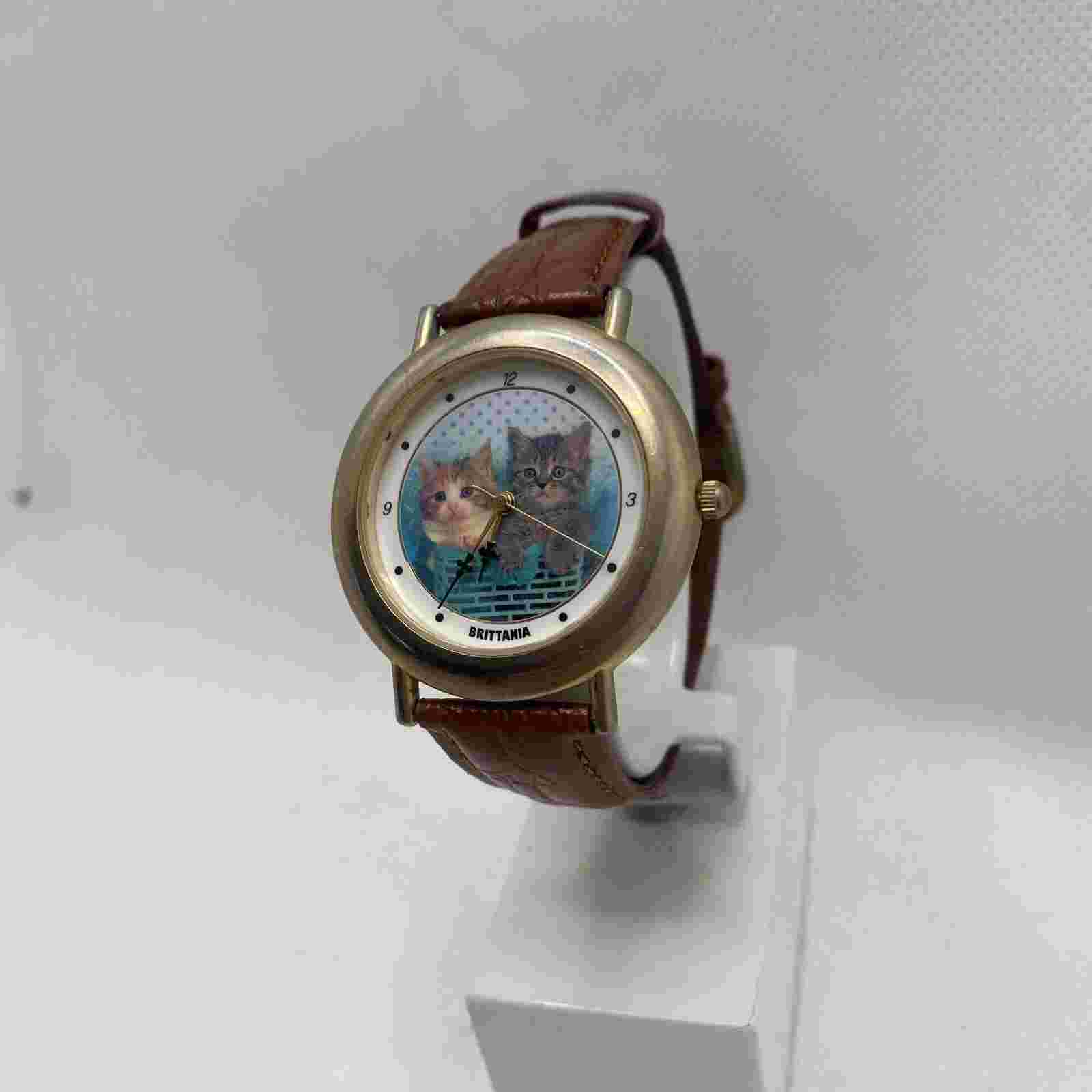 BRITTANIA Woman's Kitten Gold Tone Leather Brown Band Quartz Watch New Battery!