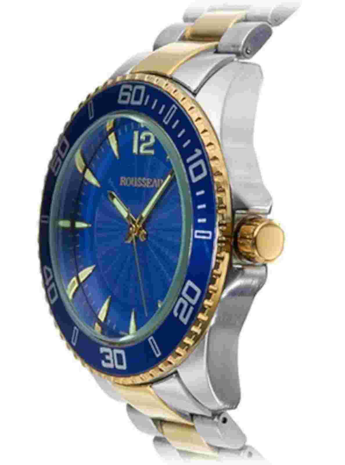 NEW Rousseau 9445 Men's Suter Luminous Blue Dial  Silver/Gold Band Watch