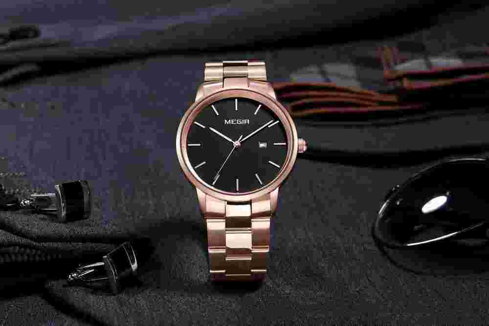 MEGIR Men's Simple Fashion Waterproof Business Calendar Steel Band Quartz Watch