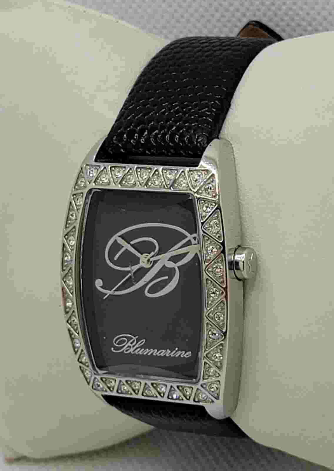Ladies Blumarine Fancy Silver Tone Paved Bezel Black Dial Leather Band Watch J3