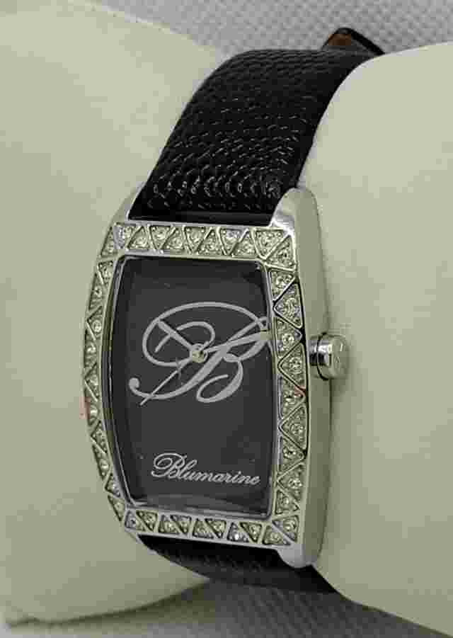 Ladies Blumarine Fancy Silver Tone Paved Bezel Black Dial Leather Band Watch J3