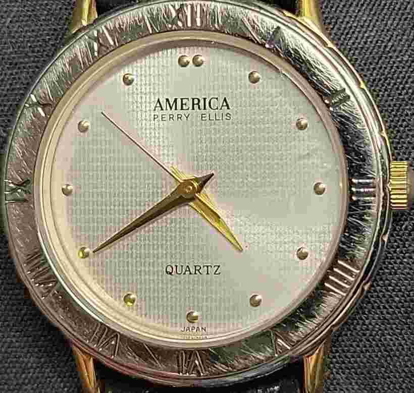America Perry Ellis Watch Gold Stainless Steel New Leather Brown WR White Quartz