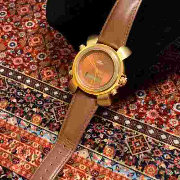 Men's leather band Vintage gold case western watch with genuine brown leather