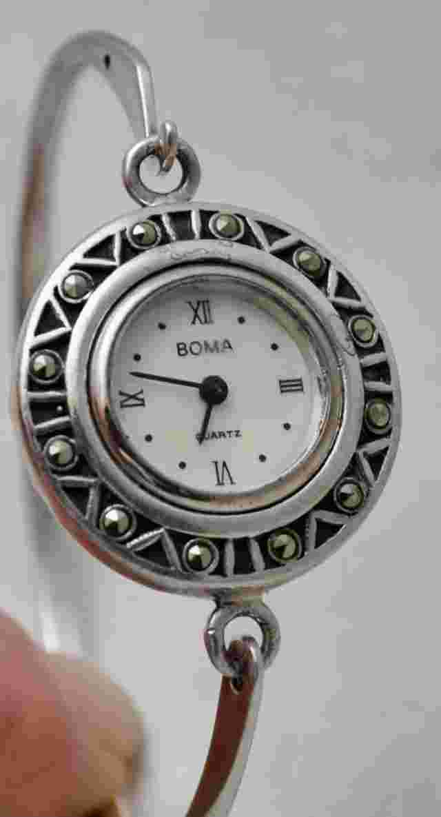 Estate Boma Sterling 925 Bangle Bracelet Watch w/Marcasite Case & MOP Dial