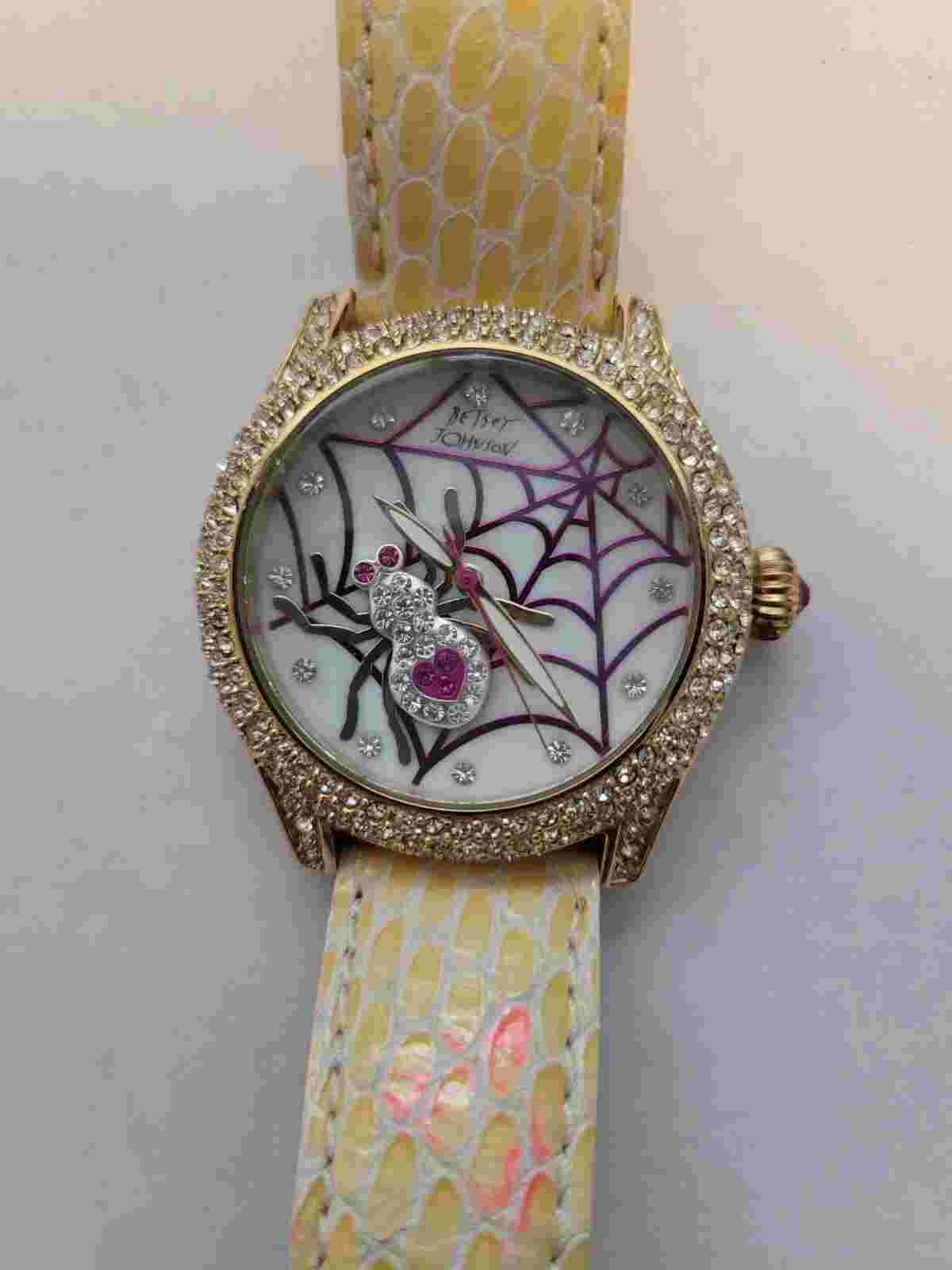 RARE Betsey Johnson Rhinestone Spider w/ Pink Heart and Spider's Web Wristwatch