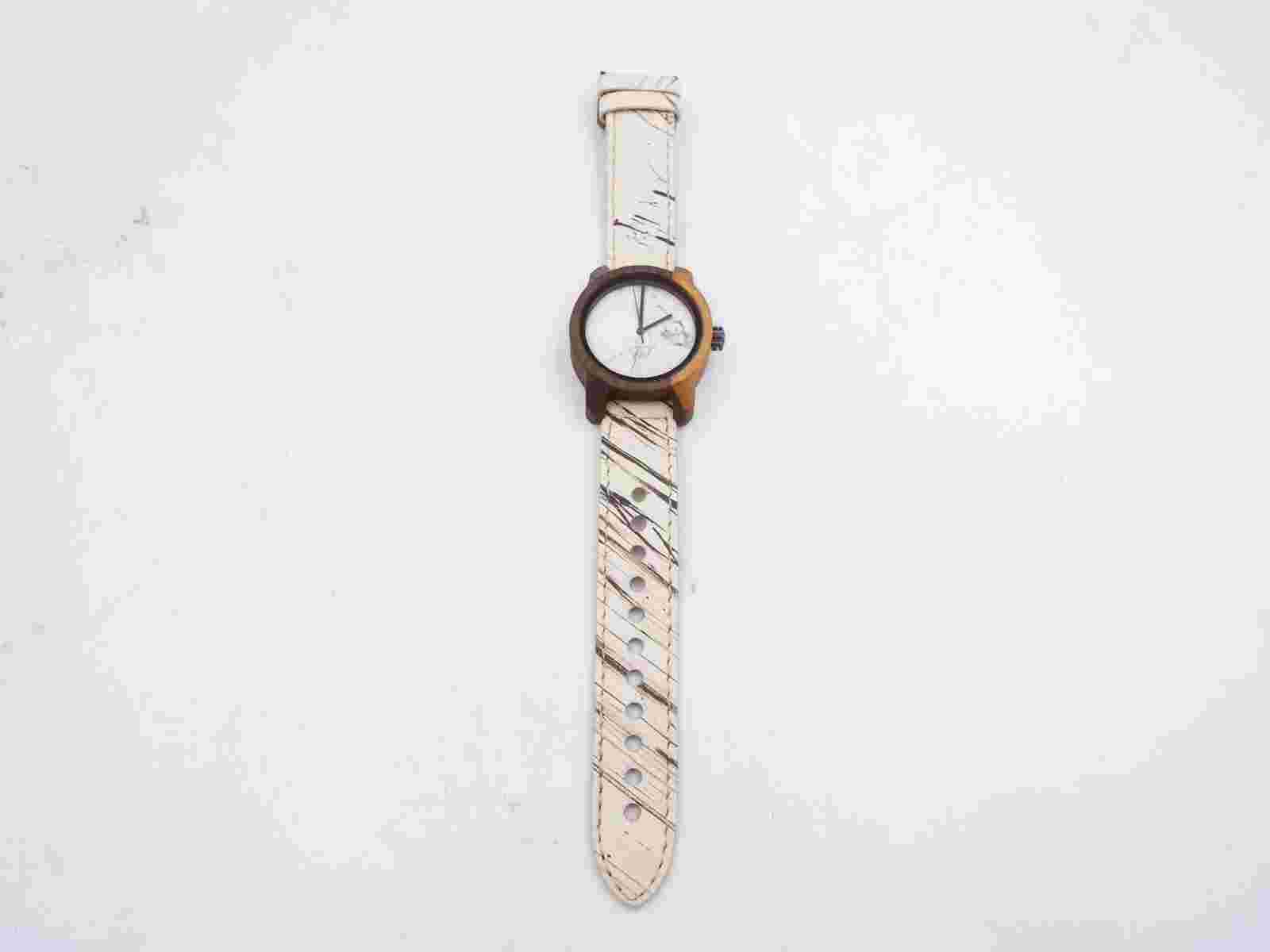 Mistura Marco Wooden Watch with Two tone Wooden Face and Cream Leather Strap