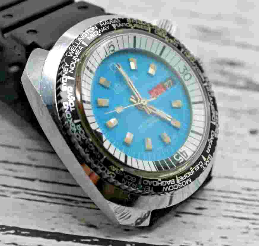 Lord Nelson World Time Day Date Blue Dial 40mm Vintage Wrist Watch Original RUNS