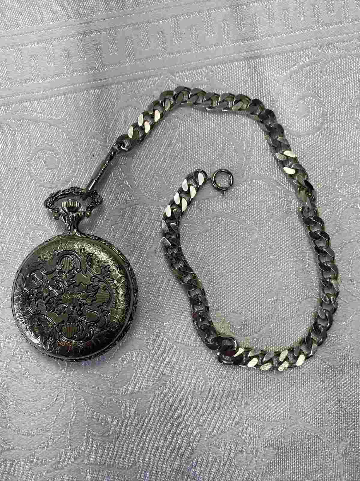 Vintage PIERRE JACQUARD Pocket Watch & Chain Silver - Parts Repair