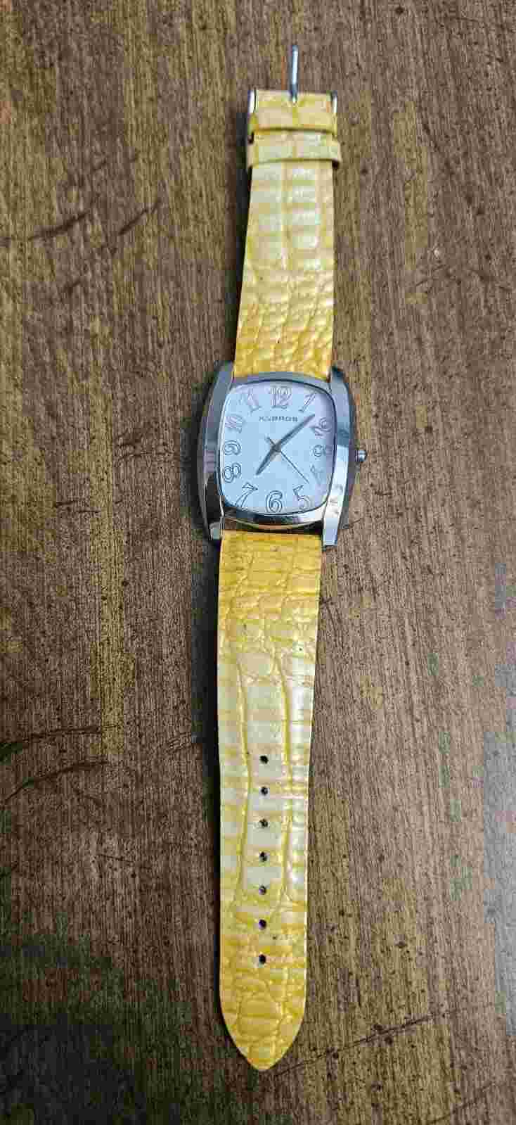 K&Bros Silver-Tone Unisex Watch with Gold Leather Band -New Battery
