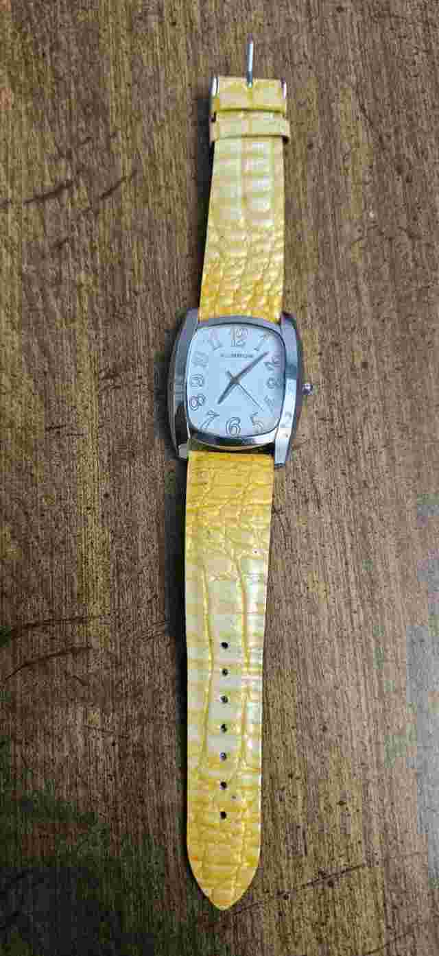 K&Bros Silver-Tone Unisex Watch with Gold Leather Band -New Battery