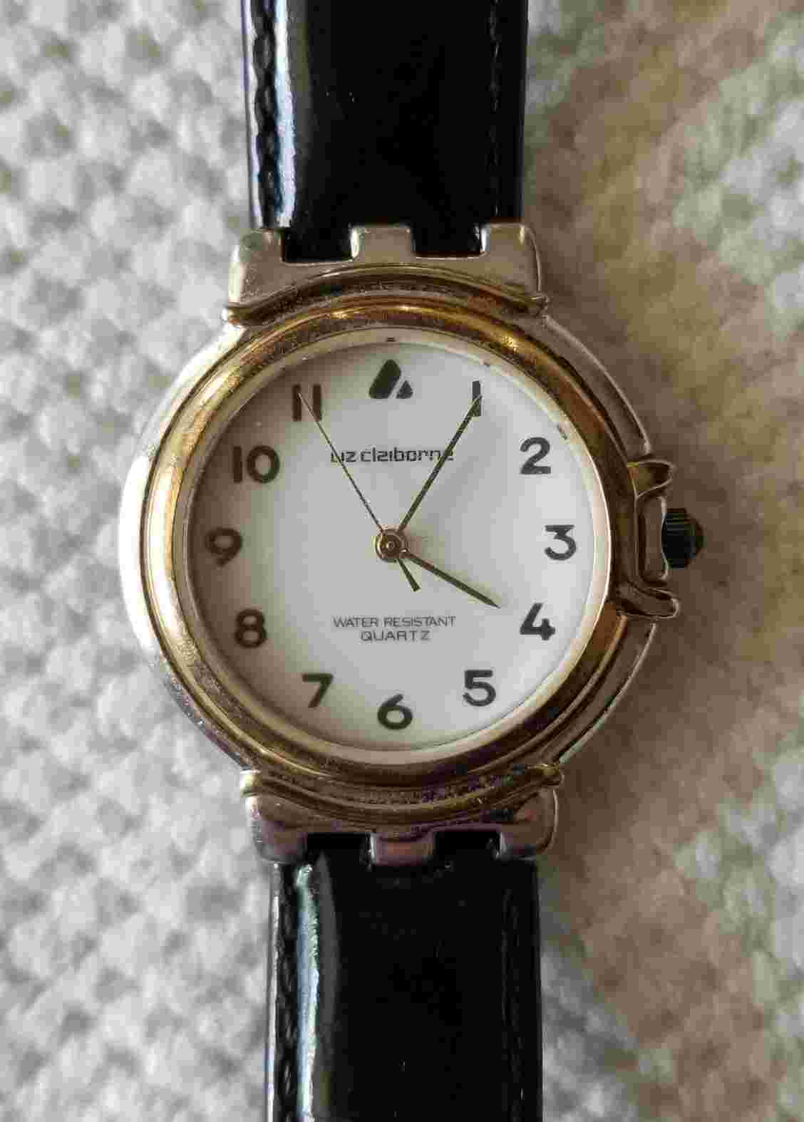 Liz Claiborne Two Tone Watch Black Leather Band 5.75"-7" New Battery