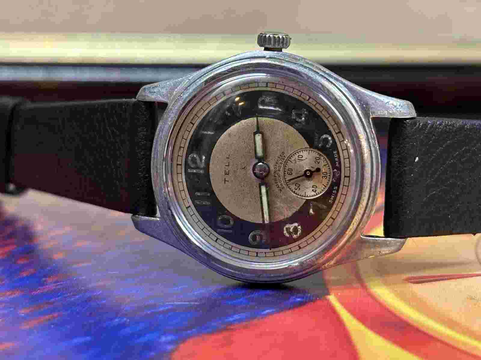 Gents Vintage Tell military Style Sub Seconds Blue Steel Bullseye Dial Watch