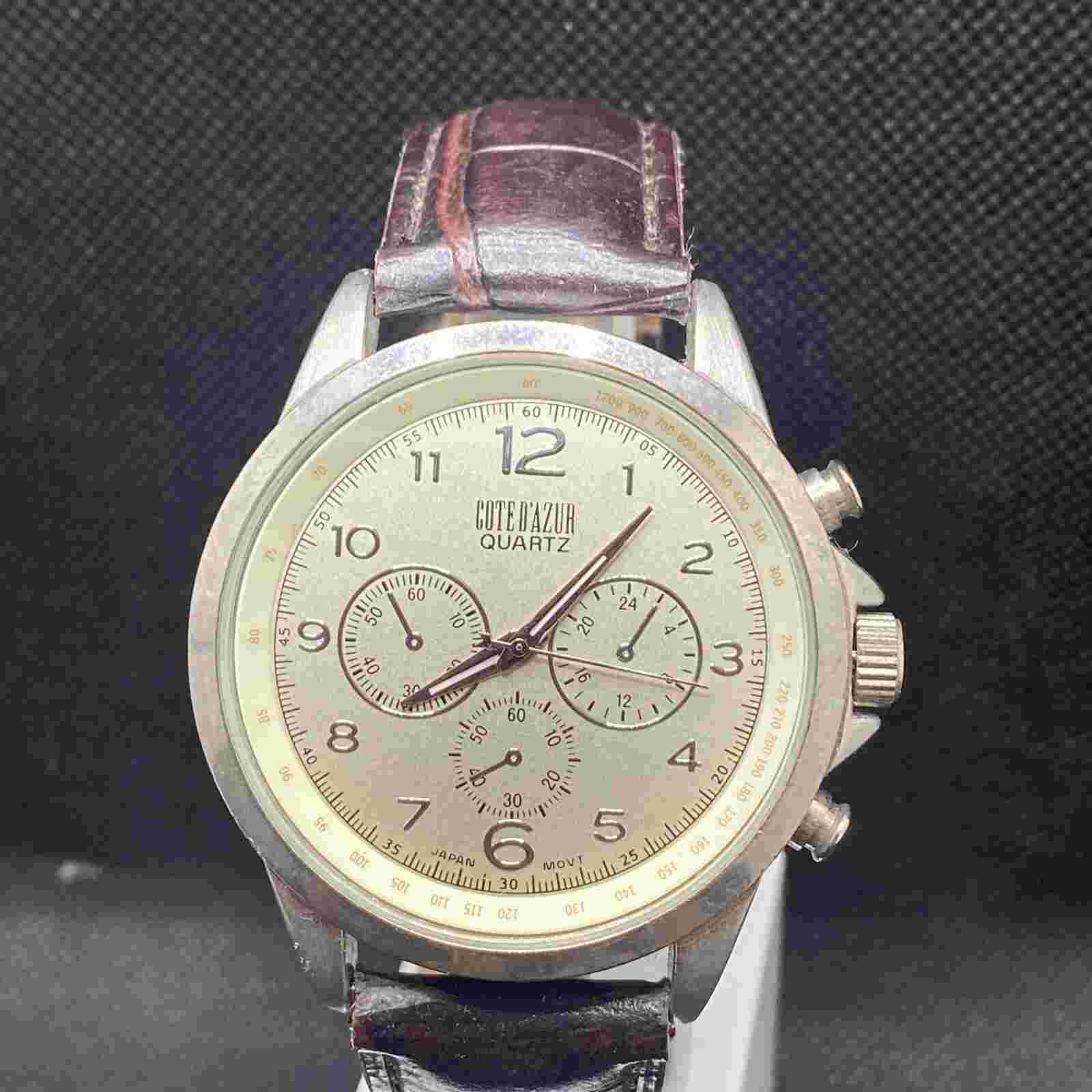 Cote D'Azur Mens Watch Silver Tone With Brown Faux leather Band With New Battery