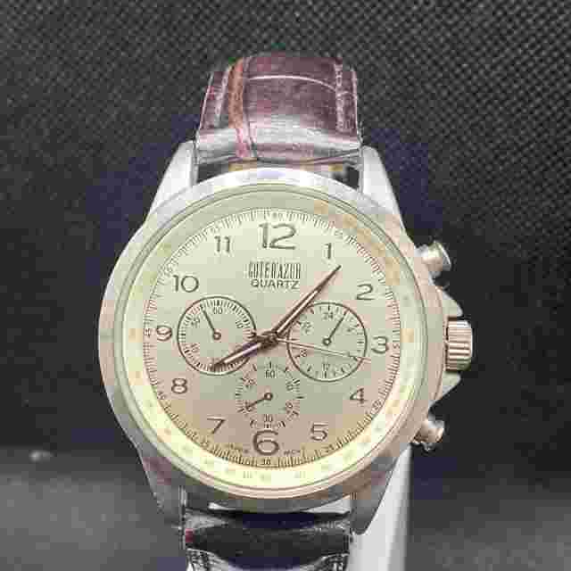 Cote D'Azur Mens Watch Silver Tone With Brown Faux leather Band With New Battery
