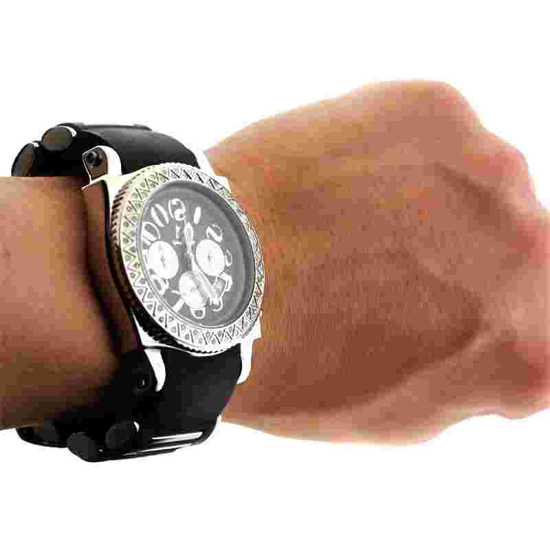 Techno Master Mens Real Diamond Bezel Watch Chronograph Rubber Band 1.0 Carat