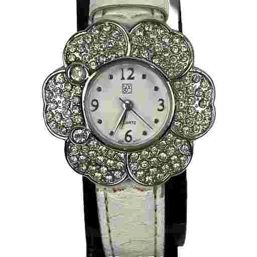 NYC Women's Silver Tone Crystal Accent Flower Case White Faux Leather Band Watch