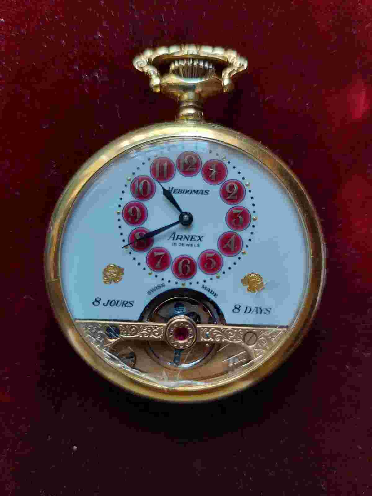 Arnex Time Co. Hebromas 8 Day 15 Jewels Vintage Swiss Made Pocket Watch. Runs.