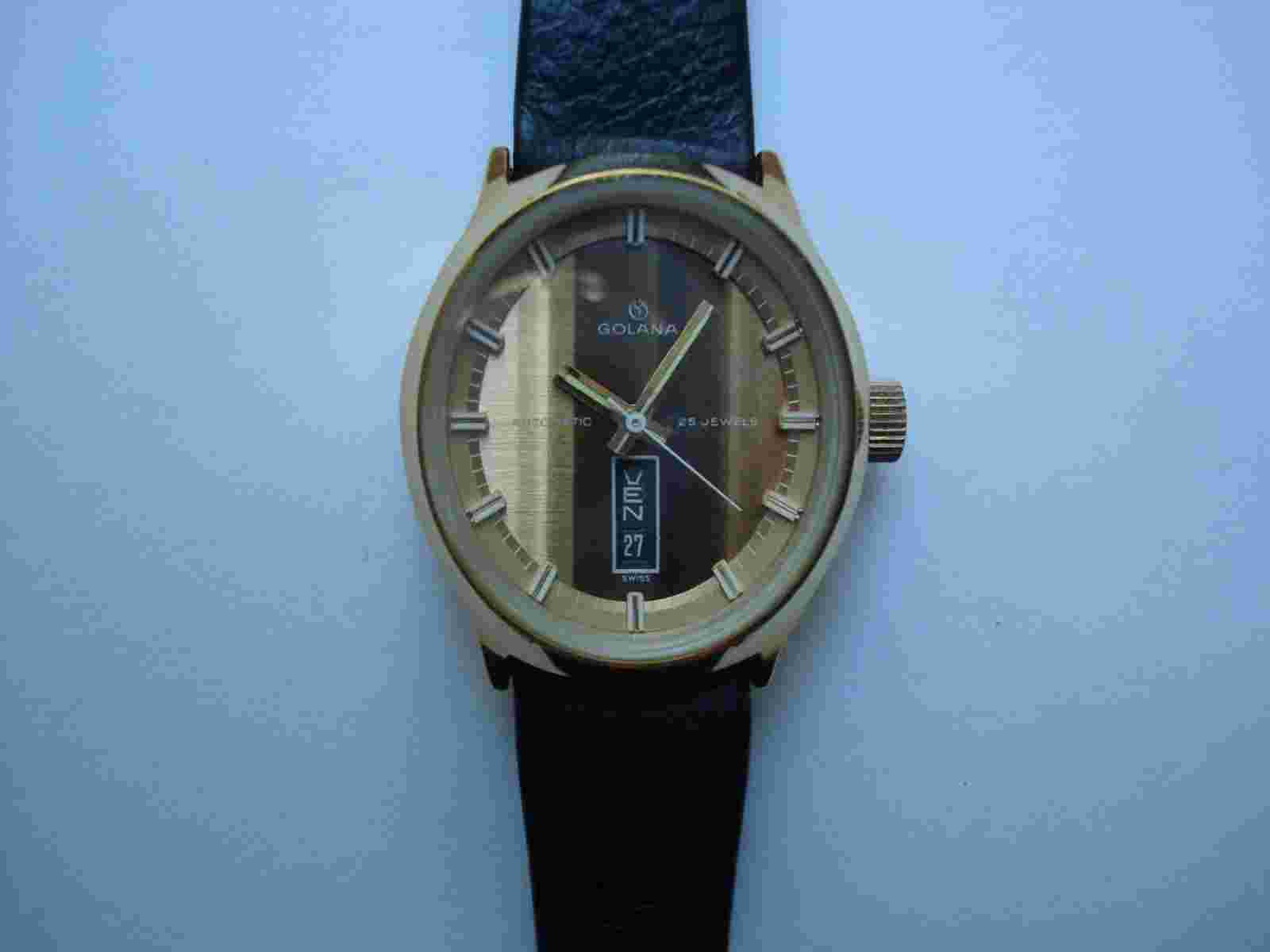 Golana Lady's Automatic Watch 25 Jewels Day Date Quick Set Signed Band VGC Runs