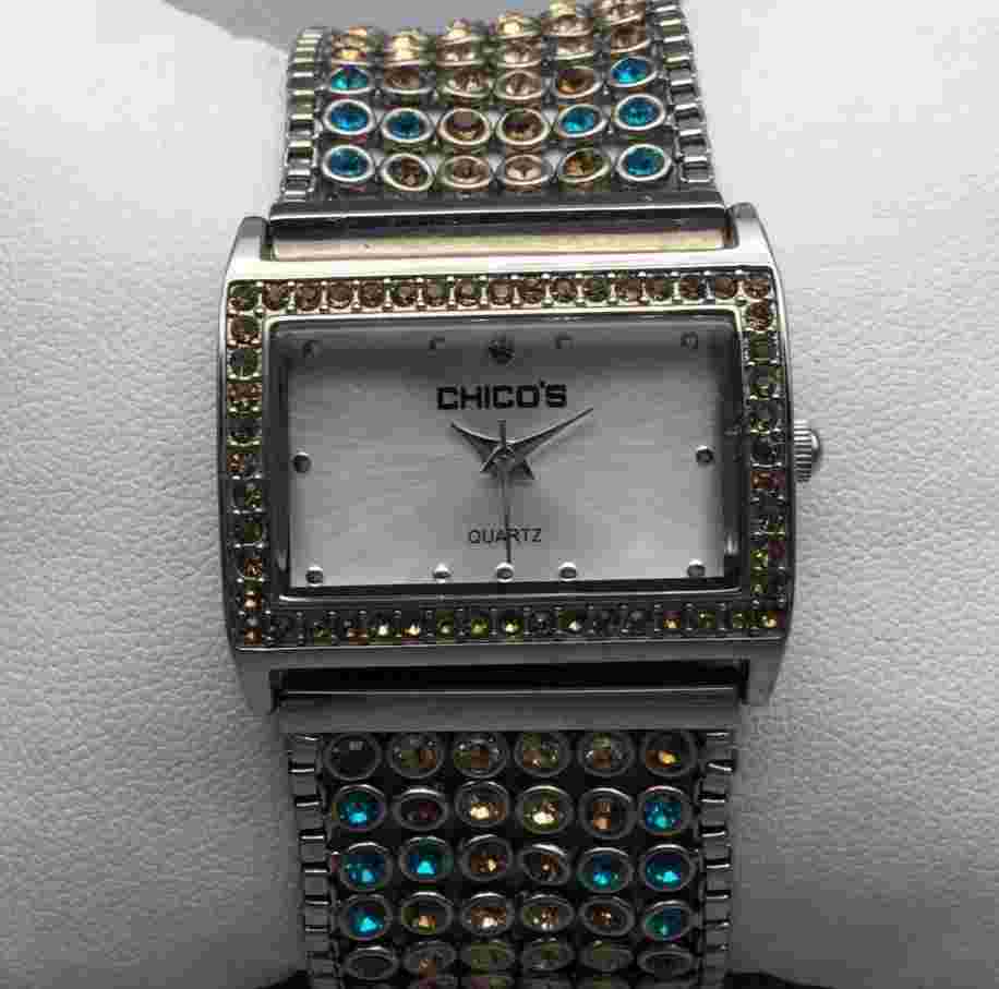 Chicos Watch Women 31mm Crystal Silver Tone Colorful Band New Battery 7"